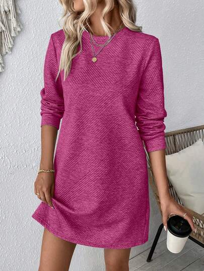 EMERY ROSE Women's Solid Color Round Neck Loose Casual Regular Long Sleeve Dress