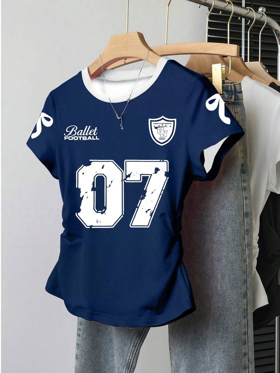 INAWLY 女士户外上衣，藏蓝色，夏季新品，户外造型，街头摄影，女士必备，吸睛百搭，图案设计，数字和字母印花，返校季必备，夏季百搭修身T恤，印有数字 - 藏蓝色 - 查看 1