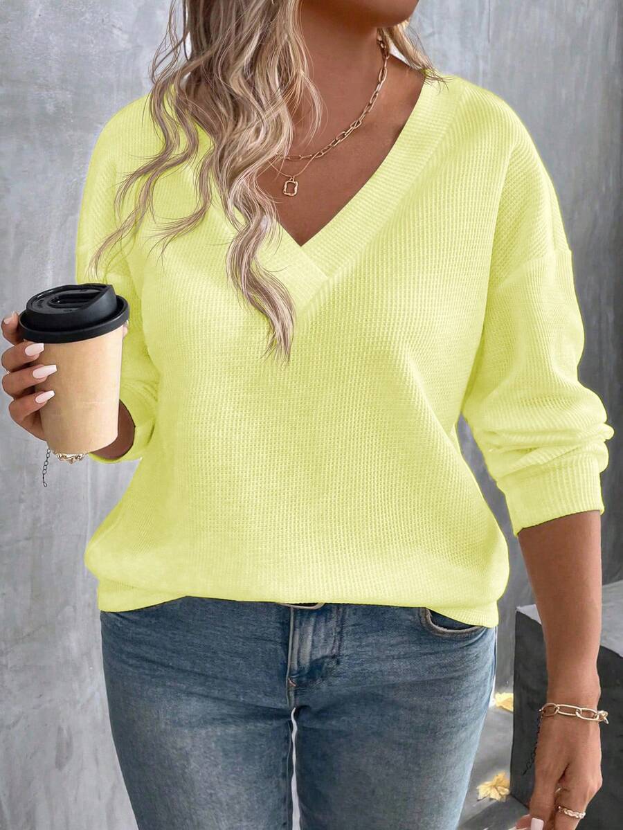 EMERY ROSE V领新款时尚休闲长袖浅黄色华夫格纹面料加大码T恤 - 黃色 - 查看 1