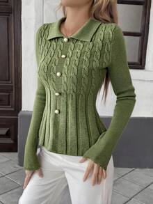 Pariaura 女士秋冬加厚高领修身荷叶边牛仔麻花针织套头毛衣 - 軍綠色 - 查看 4