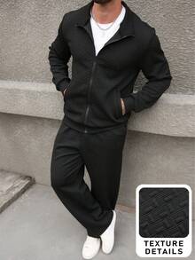 Manfinity Homme 男士黑色几何纹理拉链开衫外套，冬季款 - 黑色 - 查看 5