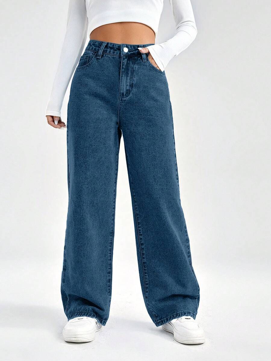 100%Cotton High Waist Wide Leg Jeans - Blue - View 1