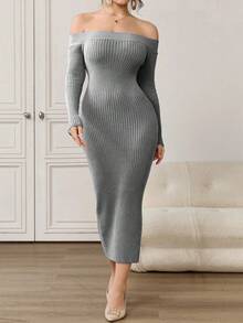 Modelyn Robe pull élégante à manches longues et épaules dénudées de couleur unie bordeaux pour femmes