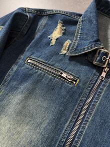 ROMWE MEN Grunge Punk 男士长袖拉链做旧休闲牛仔夹克 - 藍色 - 查看 6