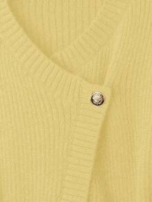 GlowEve New V-Neck Cardigan For Women, European And American Style Color Blocking Elegant Minimalist Fashion Knit Top - Light Yellow - View 3