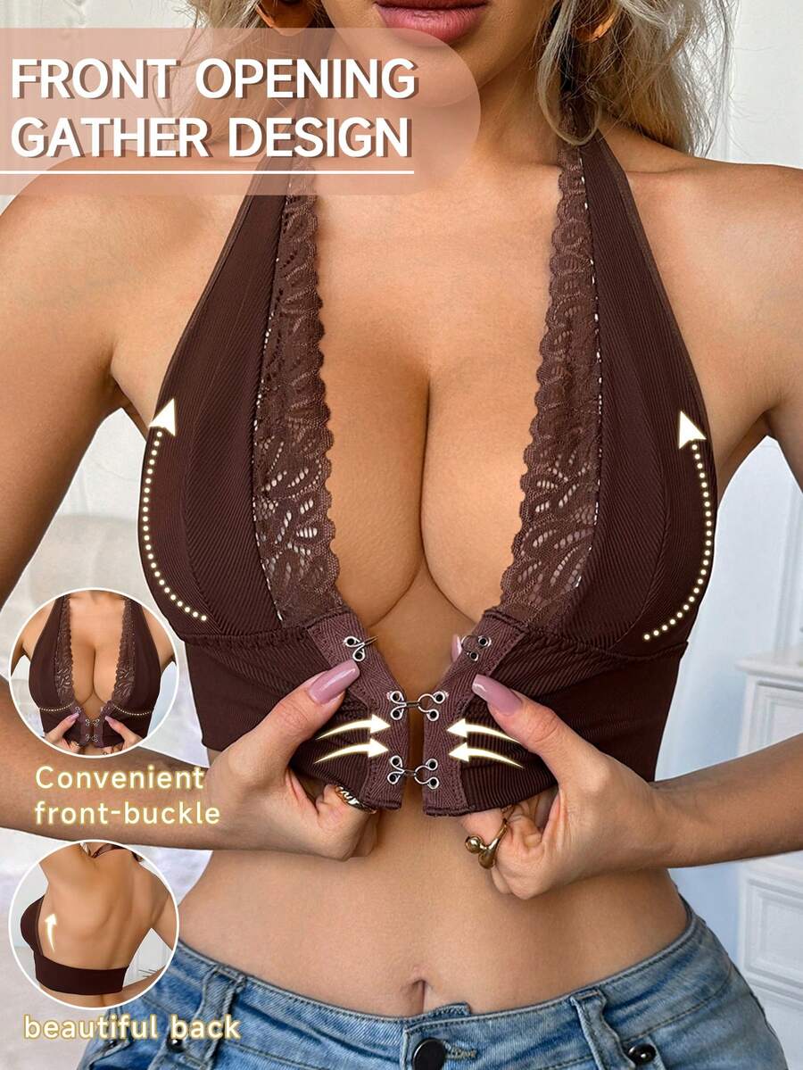 SHEIN Esselle Dam-BH med romantisk spets framtill och enfärgad design - Kaffebrun - Visa 1