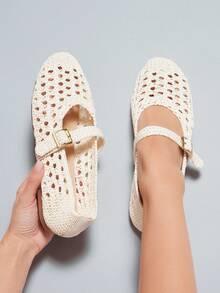 Solezae Ladies Crochet Mary Jane Ballet Flats For Christmas - Beige - View 3