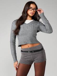 MISSGUIDED Cable Knit V-Neck Long Sleeve Cropped Sweater Top With Ribbed Texture Winter Fall Pullover - Grey - View 1