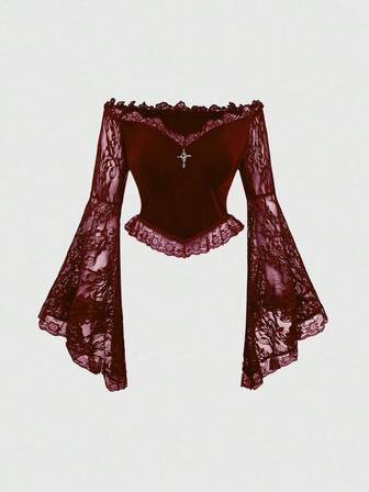 Blouse ajustée en velours avec manches évasées en dentelle et épaules dénudées, style gothique pour femmes