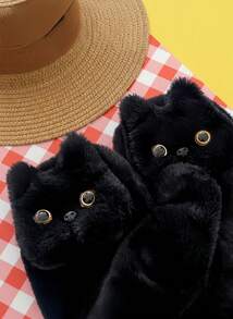 Joivida Black Cat Plush Gloves High Value Cute Winter Windproof Cold-Proof Halter Gloves Outdoor Warm Full-Cover Gloves