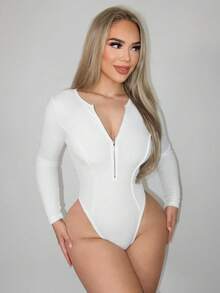 VaVaBold Body femme couleur unie à demi-zip, manches longues, style décontracté