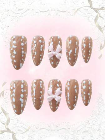 Anime 10 piezas de uñas postizas de alta calidad con diseños de moño, nota musical y estrella, hechas a mano + 3 piezas de adhesivo doble cara, pegatinas de arte de uñas desmontables con cadena de cristal, estilo francés Y2K con lunares, adecuadas para vacaciones, fiestas, baile y uso diario