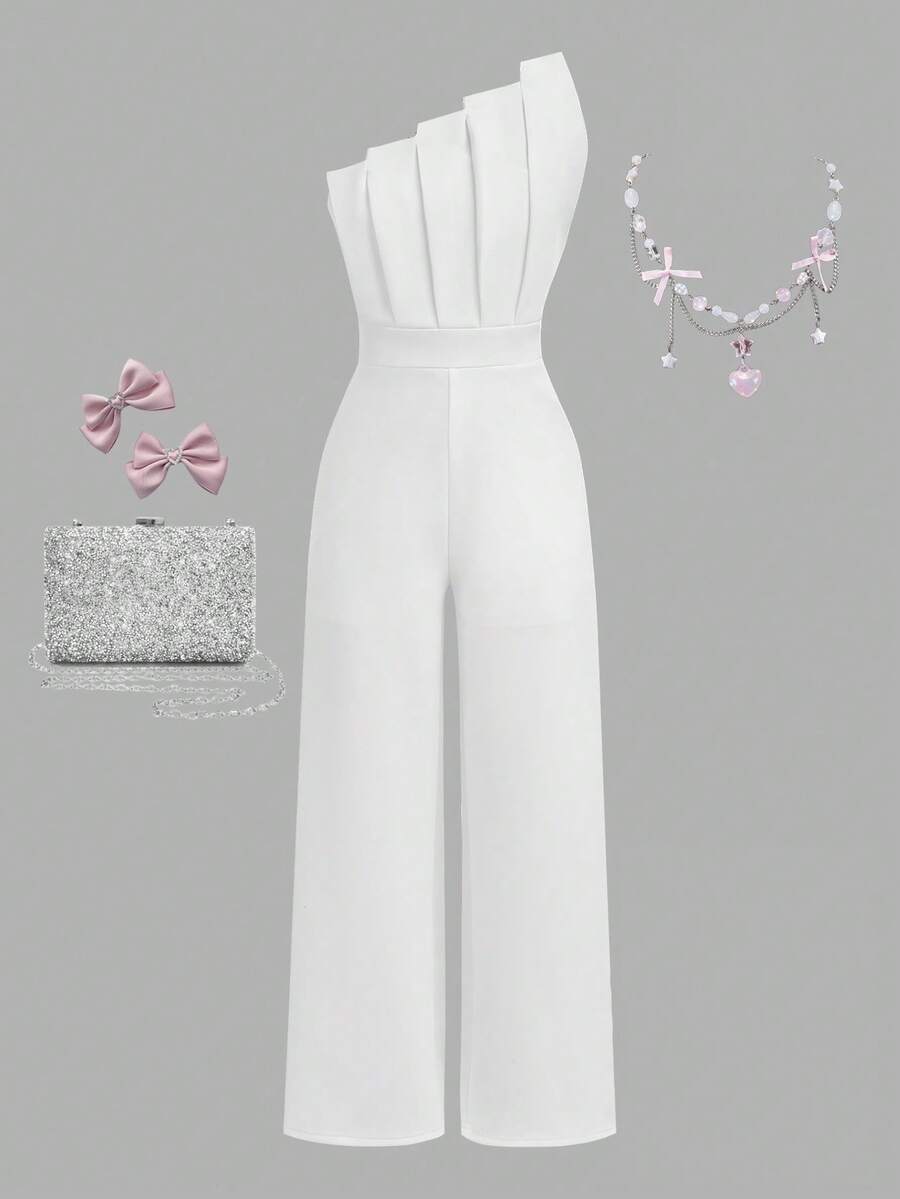 SHEIN Girlism Tween Girls' White Elegant Asymmetric One-Shoulder Jumpsuit - White - View 1