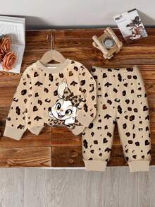 2pcs/Set Baby Girl Cute Rabbit & Leopard Print Casual Crew Neck Long Sleeve Sweatshirt And Pants Set, Suitable For Autumn/Winter - Multicolor - View 2