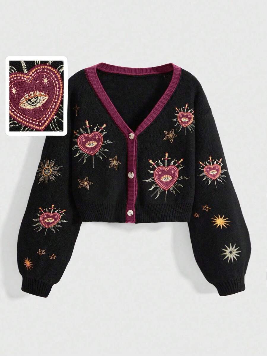 ROMWE Goth Cárdigan de mujer de talla grande con bordados de sol, luna, estrella, corazón y ojo en estilo gótico y misterioso de bruja, con contraste de colores - Morado - Ver 1