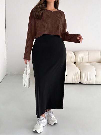 SHEIN Essnce مجموعة قطعتين من ملابس علوية طويلة الأكمام وفستان سترة طويلة من قماش مخمل رمادي فضفاض مريح للاستخدام اليومي، ملابس خريفية، ملابس مناسبة للمطار، طراز بسيط، مقاسات كبيرة للنساء