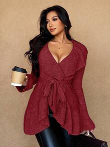 Islaluna Women's Basic Minimalist Elegant French Fashion Romantic Tie-Front Cardigan - Red - View 4