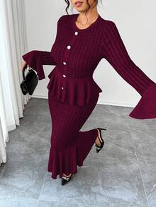 Elenzga Dwuczęściowy komplet damski w dużych rozmiarach, rozciągliwa dzianina w szerokie paski, sukienka syrenka z rozszerzanymi rękawami, elegancka na wyjścia, podwieczorek, dojazdy do pracy, nowoczesna i wygodna, w dużych rozmiarach, ciemnoszara, jesienno-zimowa sukienka maxi z długim rękawem, dwuczęściowy komplet