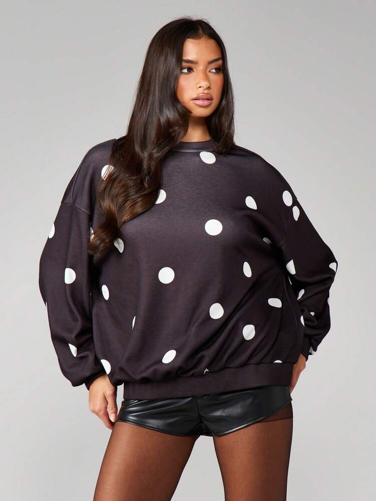MISSGUIDED Oversized Polka Dot Sweatshirt für Damen, lässiger Langarm Rundhals Pullover, bequem für Herbst und Winter, Alltagskleidung