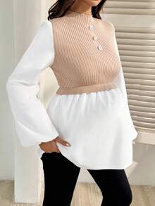 SHEIN Maternity Patchwork Long Sleeve Pullover Sweater - Khaki - View 2