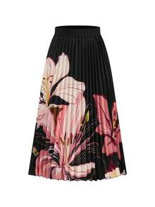 Ellevyn Women's Floral Print Elastic Waist Fashionable Elegant Pleated Midi Skirt - Black - View 6