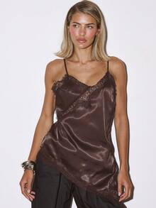 MUSERA Elegant Lace Trim Satin Camisole Top Lingerie Style Evening Wear Adjustable Spaghetti Straps V Neck Sleeveless Classic Tank Top Festival Summer Spring Asymmetric Hem Valentines - Brown - View 1