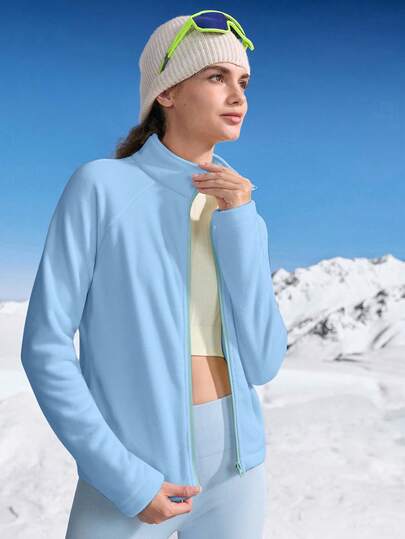 In My Nature Women's Blue Woven Fabric Fleece Jacket With Stand Collar Long Sleeves And Zipper Detail