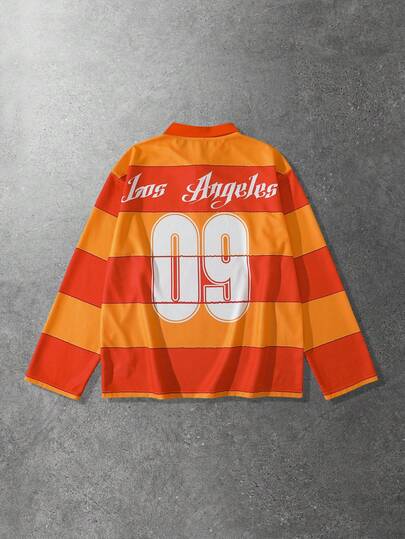 Men's Letter Print Preppy Striped Loose Polo Collar Casual Long Sleeve T-Shirt