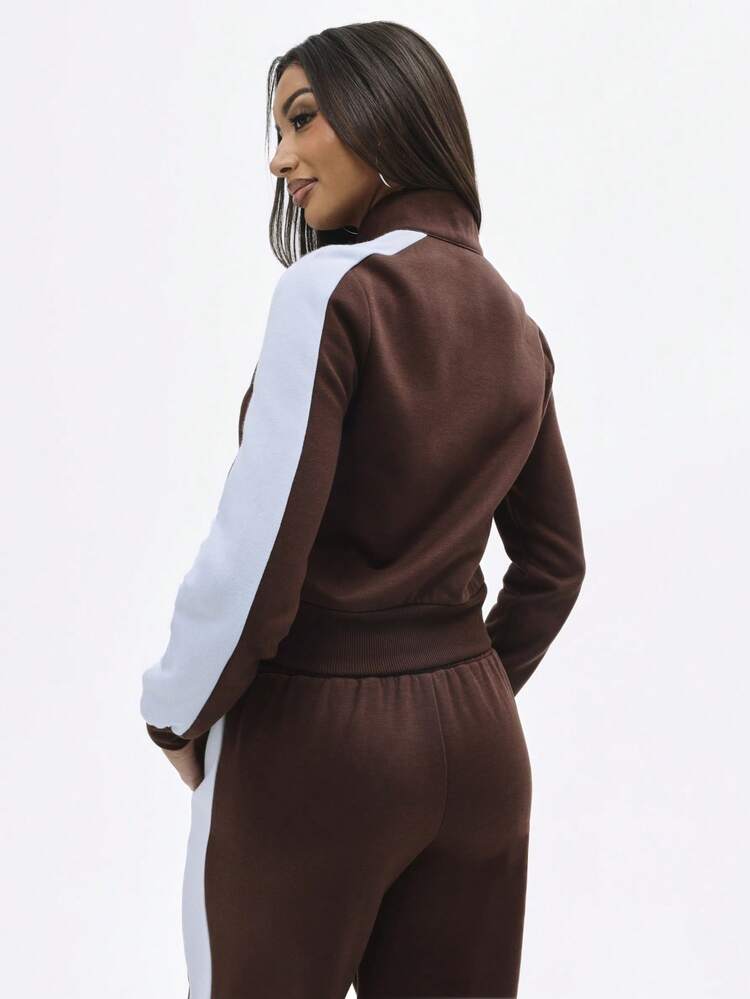 BABYPHAT Damska bluza z kapturem w kolorze brązowo-białym z blokami kolorów, zapinana na zamek, w stylu retro, z długim rękawem, na co dzień i na zimę