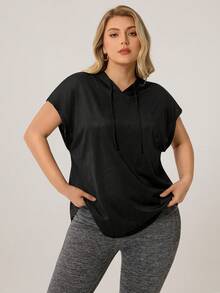 Auralis T-shirt à capuche noir à manches courtes avec imprimé géométrique pour femmes grandes tailles, pour un look décontracté, la gym, le jogging, le yoga. T-shirt noir pour femmes avec courbes - Noir - Voir 3