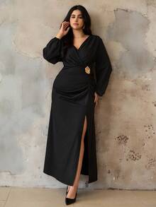 Roveilla Damen Große Größen Neue Geburtstagskleider, elegantes V-Ausschnitt Metall 3D Blumen Dekor Alltags Party Maxi Rückenfreies romantisches Kleid - Schwarz - Übersicht 6