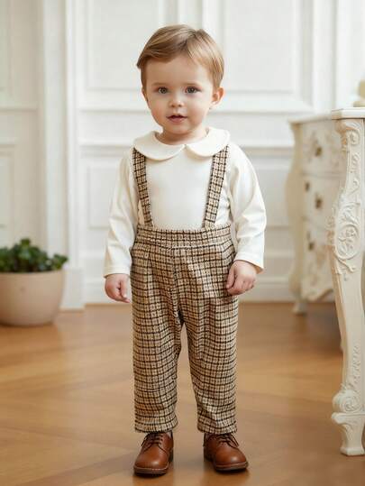 Souflis Souflis 两件套复古法式长袖针织连体衣搭配棕色千鸟格纹背带裤，适合派对、上学、外出，是幼儿男童的绅士装扮。