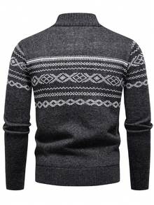 Manfinity Mode Men's Casual Geometric Pattern Half Zip Sweater, Autumn/Winter Patterned Winter Sweater, Thermal Lined - Dark Grey - View 2