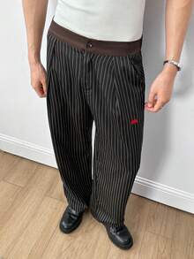 Manfinity BRENVOR Men's Casual Suit Pants Stylish Patchwork Waistband Design Exquisite Embroidery Craftsmanship Daily Casual Wear - Black - View 3
