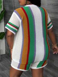 Slaydiva Große Größen V-Ausschnitt Strickjacke Kurzarm Shorts Set, vertikale gestreifte Farbblock, lässiger Urlaubs-Sommer-Strick
