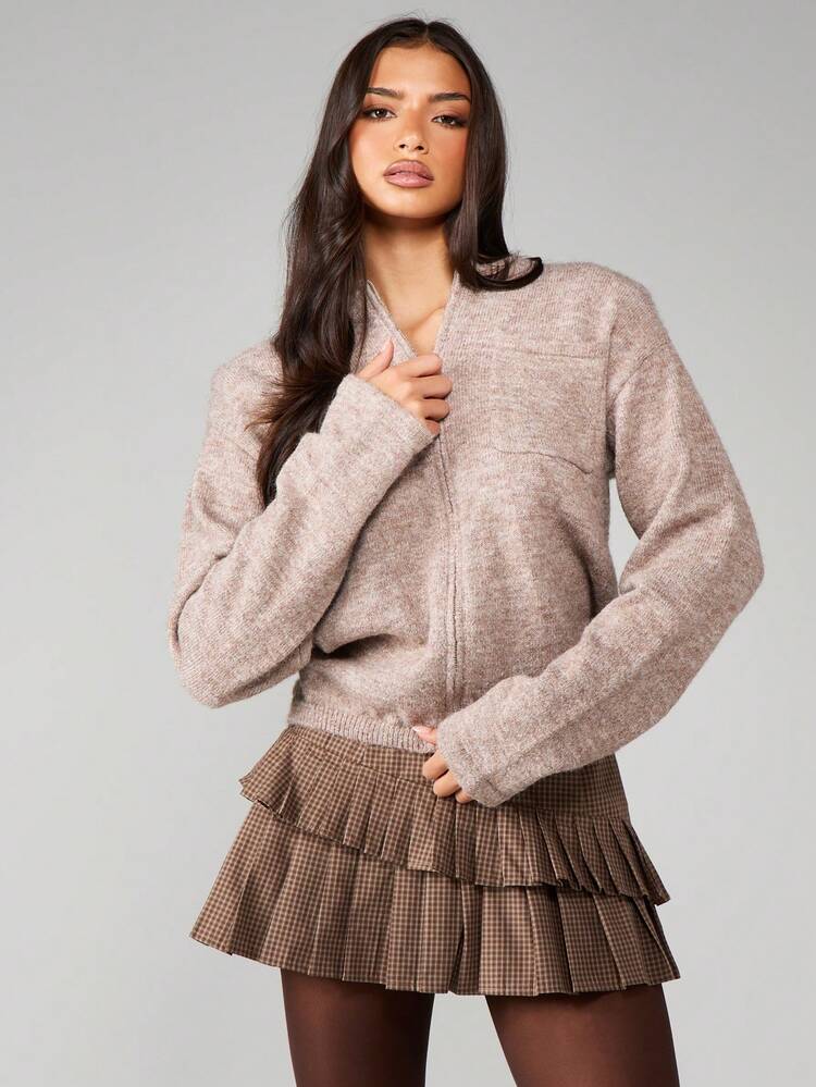 MISSGUIDED Women Heathered Knit Zip Up Cardigan With Shoulder Pads Fall Winter Cozy Layering Casual Everyday Comfort