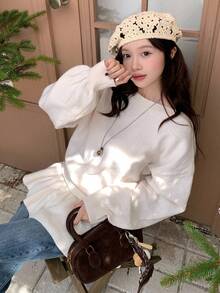 DAZY Women's Round Neck Ruffle Patchwork Reversible Long Sleeve Sweater, Autumn/Winter - Beige - View 4