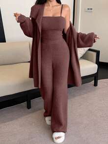 DAZY 3pcs/Set Faux Fur Fluffy Robe, Camisole & Pants Women Sleepwear Set, Winter - Brown - View 4