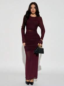 SHEIN PETITE Women's Elegant Burgundy Autumn Evening Dress,Solid Color Round Neck Long Sleeve Pleated Mesh Slim Fit Tight Long Formal Dress For Birthday Party ,Petite Women - Burgundy - View 9