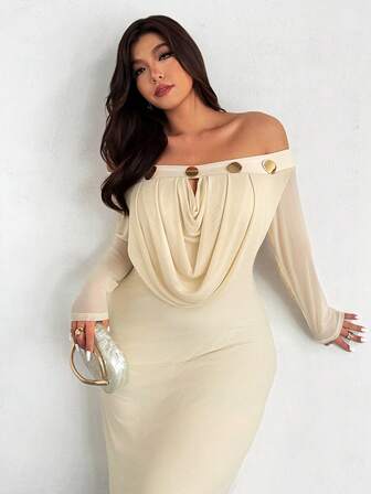 Firerie Vestido midi de hombros descubiertos de unicolor elegante de talla grande