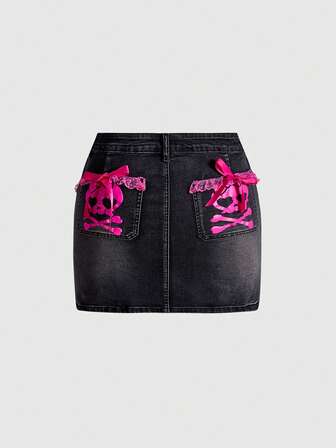 J-Fashion Plus Size Y2K Harajuku Baddie Sexy Pink Skeleton Ribbon Bow Lace Denim Mini Skirt