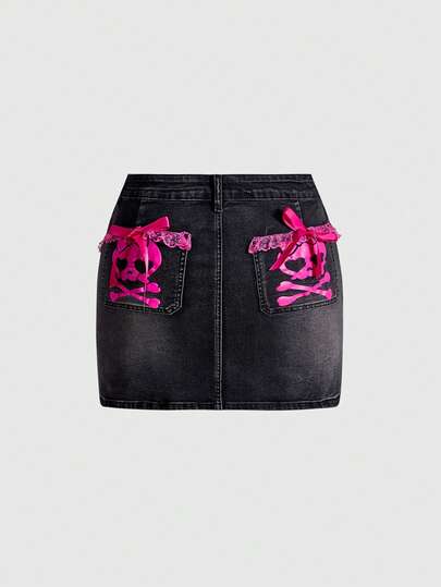 J-Fashion Plus Size Y2K Harajuku Baddie Sexy Pink Skeleton Ribbon Bow Lace Denim Mini Skirt