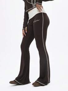 BABYPHAT Contrast Detail Flare Leggings With White Piping Cat Print High Rise Bell Bottom Wide Leg Pants - Coffee Brown - View 3