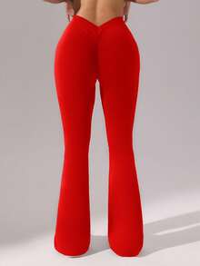 SHEIN Sports Women's Solid Color High Waist Ruched Flare Pants - Red - View 6