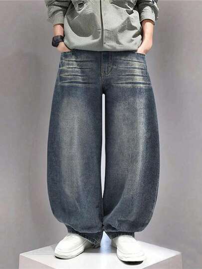 SHEIN Explorewe 1pc Teen Boy Vintage Washed Dark Blue Relaxed Fit 3/4 Elastic Waist Zipper Fly Wide Leg Jeans, Casual Pants For Teens, Suitable For Outings, Street Photography, Dates, Travel, Daily Wear