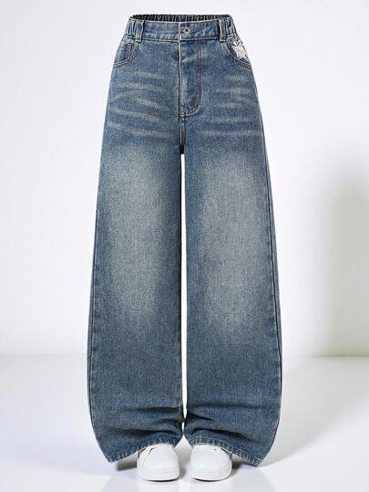 SHEIN Explorewe Quần jeans ống rộng denim xanh giặt cổ điển cho bé gái, quần cạp chun thoải mái, dáng rộng, dễ mặc, phù hợp mặc hàng ngày, đi chơi, đi biển, dự tiệc
