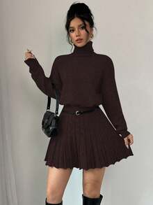 Rafferiza 2pcs Set: Solid Color Loose Pleated Skirt & Turtleneck Sweater - Coffee Brown - View 7