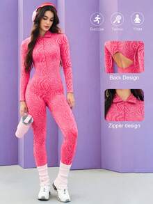 Core Rhythm Damen modischer Zebra-Muster Reißverschluss-Fitness-Jumpsuit, Frühling/Herbst