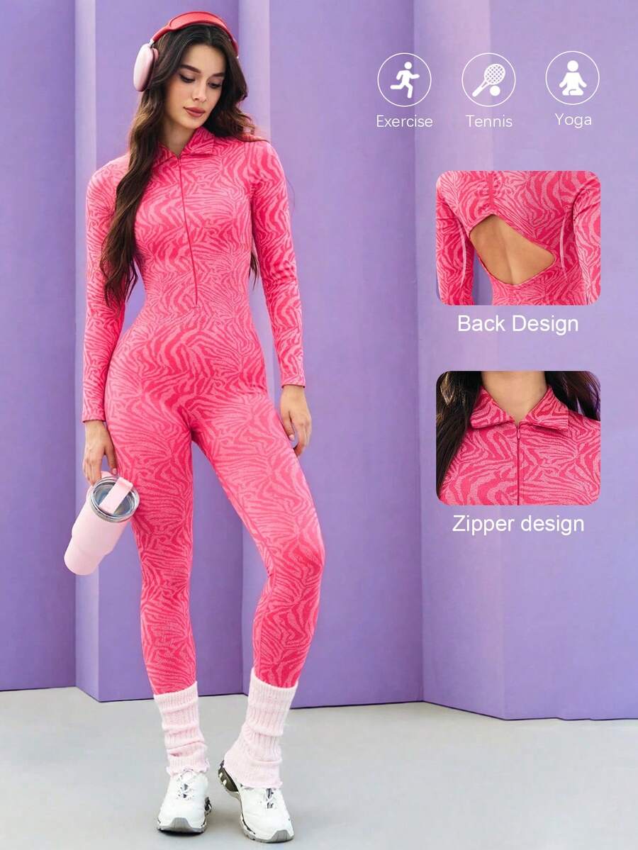 Core Rhythm Damen modischer Zebra-Muster Reißverschluss-Fitness-Jumpsuit, Frühling/Herbst