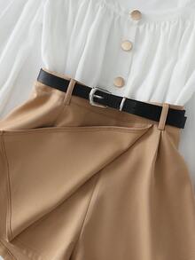 Franclia 2pcs Women's Elegant Romantic Set, White Chiffon Blouse + Khaki High-Waisted Shorts, Metal Buttons, Contrast Puff Sleeve Pleated Shirt Dress Pants With Belt Decor Set, Loose Collar Blouse, Versatile, Suitable For Commute, Daily Wear, Winter, Spring, Autumn, Meetings, Business Negotiations, Office, Dates, Galas, Graduations, Urban Teacher Uniforms, Christmas & New Year Outfits, Casual Gatherings, Travel, Polished, Elegant, Minimalist, All-Season Puff Sleeve Blouse Elegant Blouses Two Piece Set Women Elegant 2 Piece Short Sets Woman Lantern Sleeve Blouse Puffed Sleeve Blouse Elegant Two Piece Set Short Sets For Women Square Neck Blouse White Blouse Beige Shorts Two Piece Short Set - Multicolor - View 5